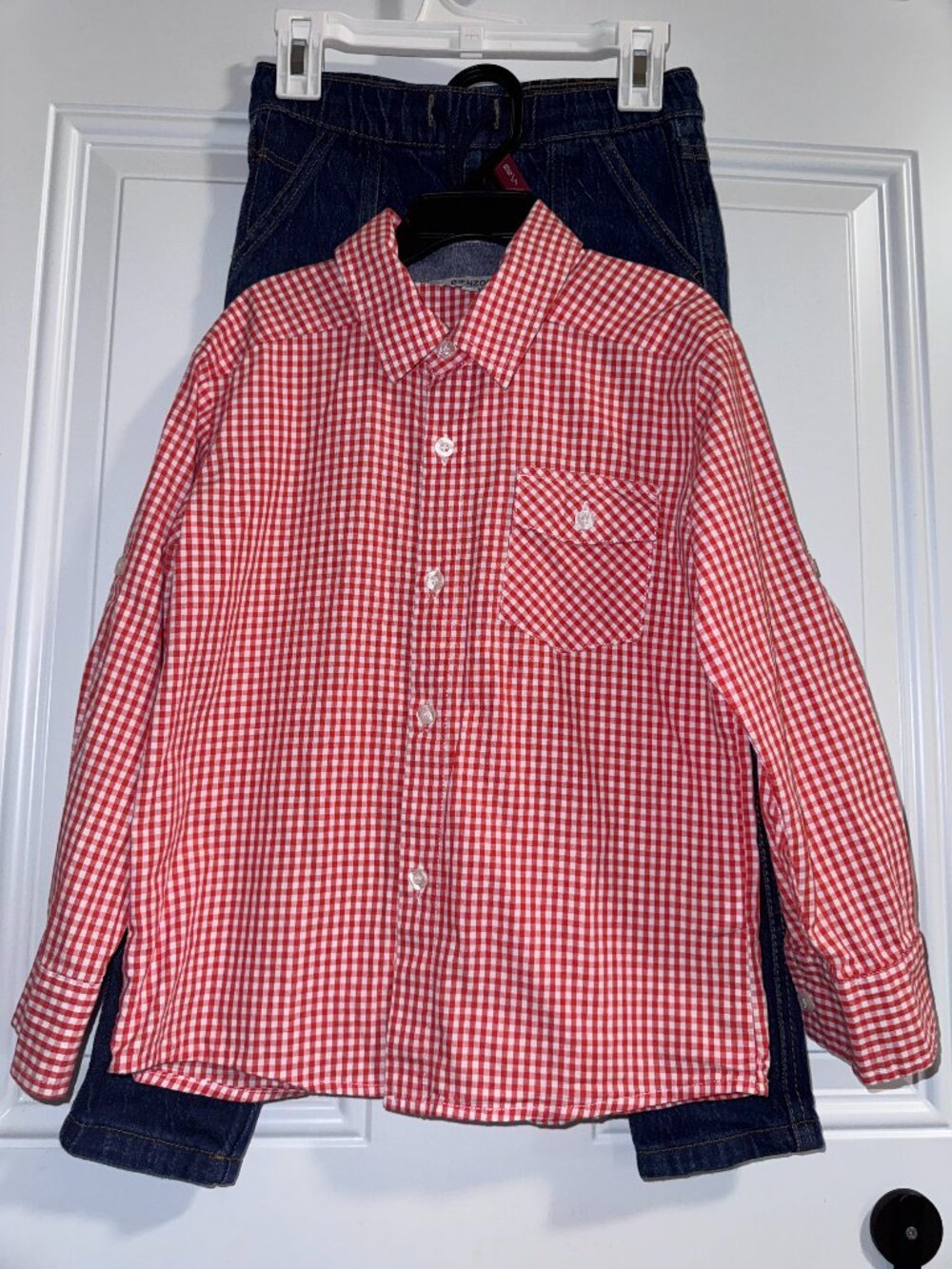 Boys Outfit: Bienzoe Checkered orange/white long sleeve button down & Primark Ta